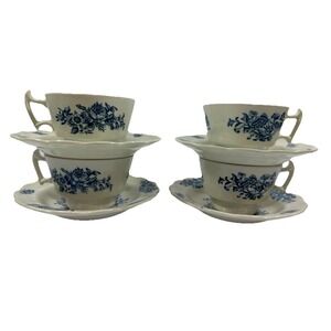 Booths England Peony A8021 Tea Cups Saucers Blue White Floral Set 4 Vtg Cottage